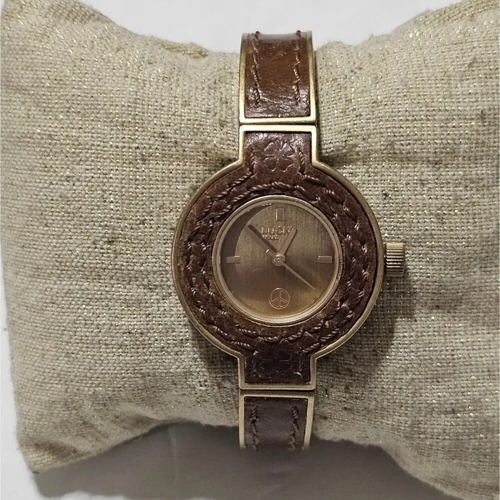 Lucky Brand Womens Boho Peace Sign Watch Brown Leather Gold Tone‎ Vintage